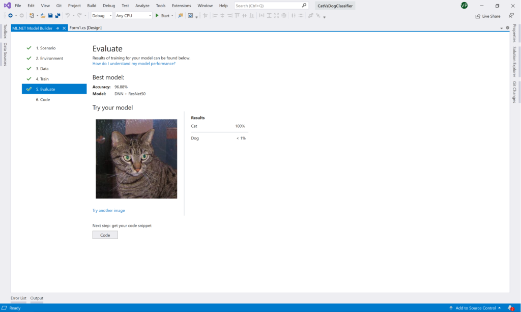 ML.NET Model Builder: Test cat image