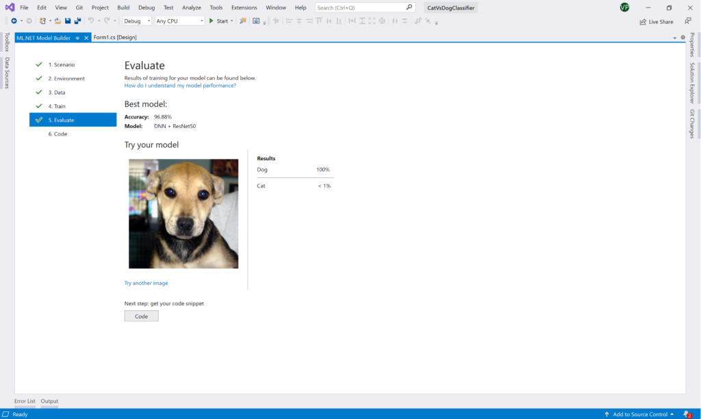ML.NET Model Builder: Test dog image